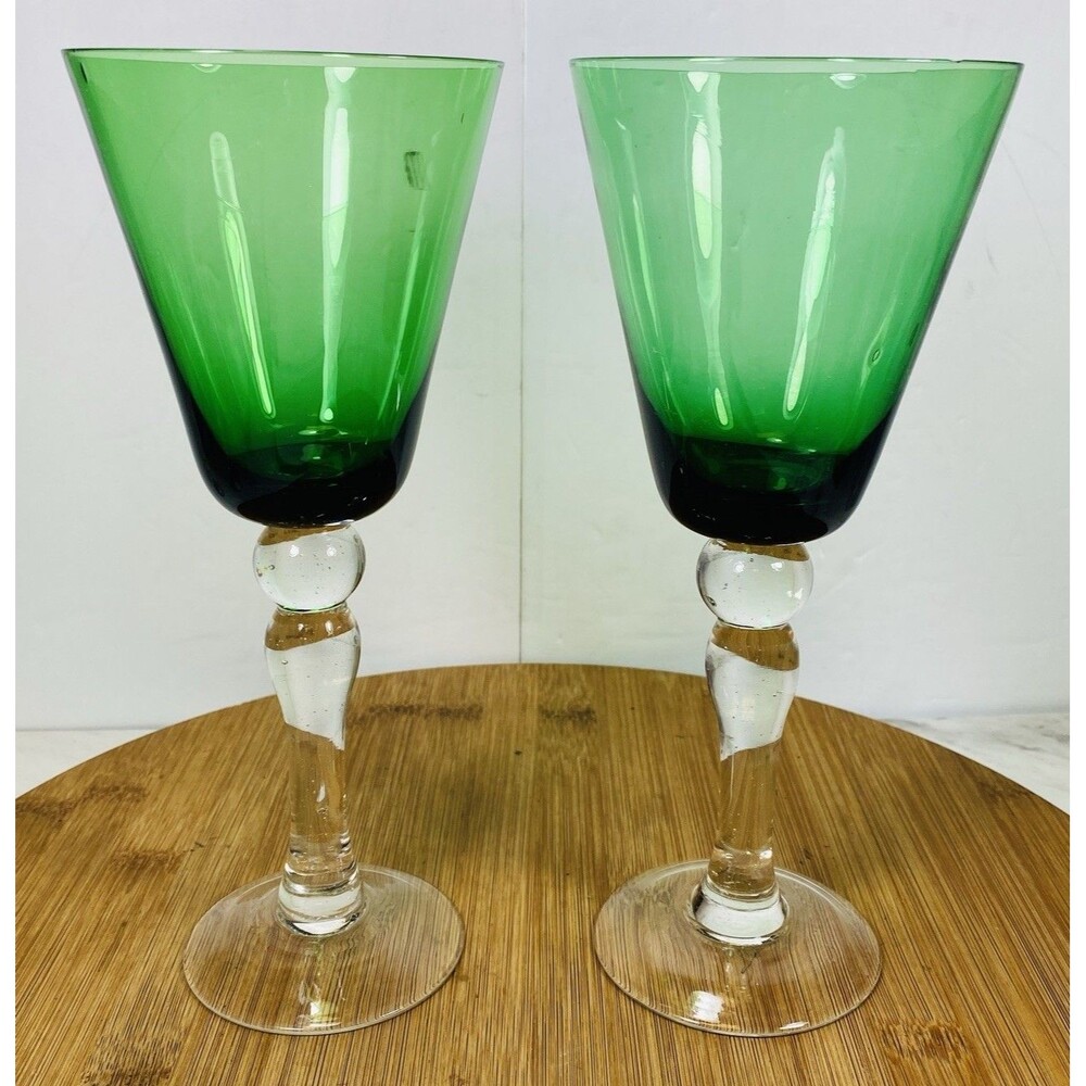 Vtg Emerald Green Wine Goblets Glasses Glass Lot of 2    8.5” Tall